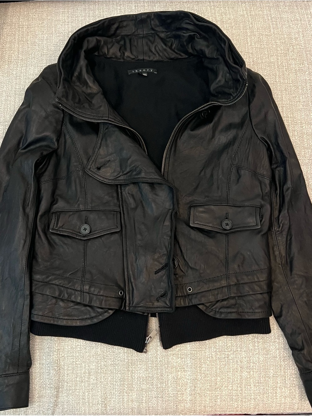 Theory Black Leather Zip-Front Jacket